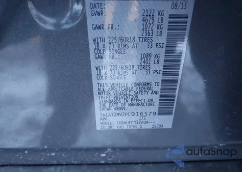 2015 Nissan Rogue Sl z USA, uszkodzony, nr VIN 5N1AT2MV2FC916579